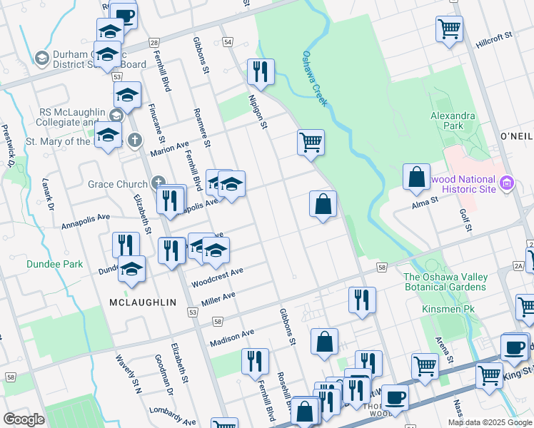 map of restaurants, bars, coffee shops, grocery stores, and more near 368 Fairlawn Street in Oshawa