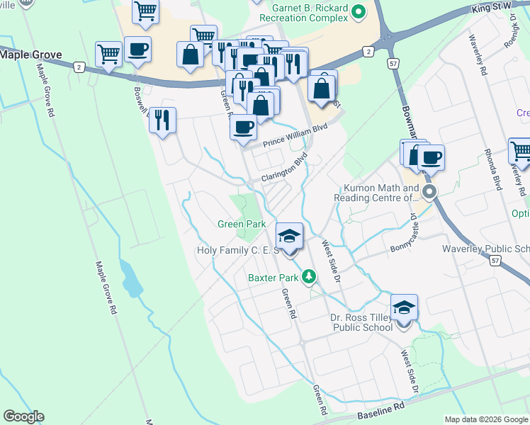 map of restaurants, bars, coffee shops, grocery stores, and more near 1427 Green Road in Bowmanville