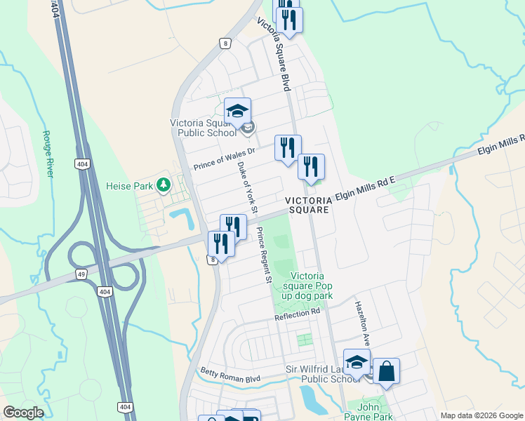 map of restaurants, bars, coffee shops, grocery stores, and more near 2914 Elgin Mills Road East in Markham