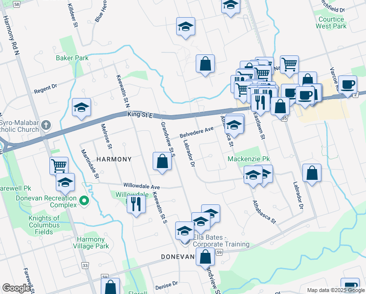 map of restaurants, bars, coffee shops, grocery stores, and more near 85 Grandview Street South in Oshawa