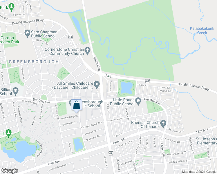 map of restaurants, bars, coffee shops, grocery stores, and more near 14 Duncan Road in Markham