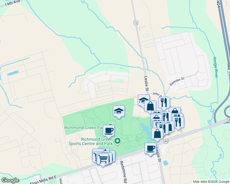 map of restaurants, bars, coffee shops, grocery stores, and more near 48 William F. Bell Parkway in Richmond Hill