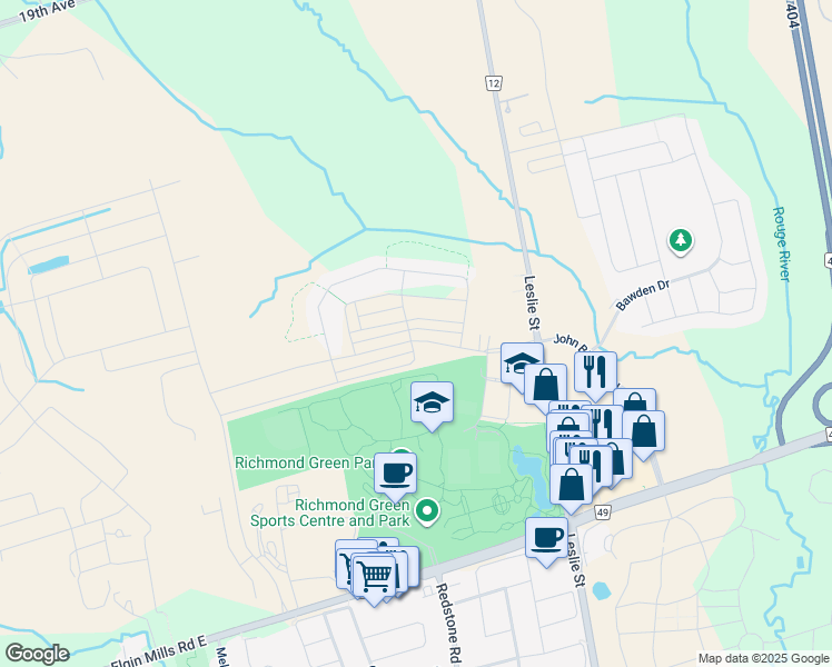 map of restaurants, bars, coffee shops, grocery stores, and more near 50 William F. Bell Parkway in Richmond Hill