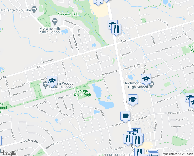 map of restaurants, bars, coffee shops, grocery stores, and more near 75 Nottingham Drive in Richmond Hill
