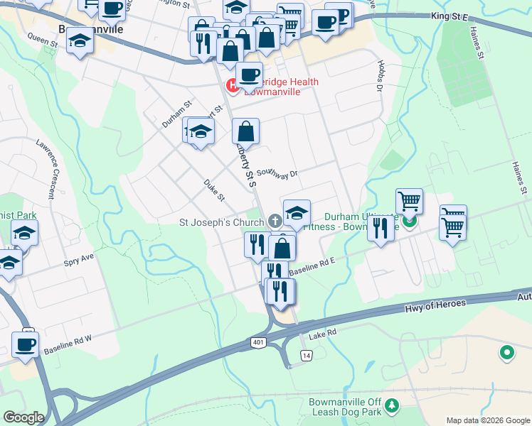 map of restaurants, bars, coffee shops, grocery stores, and more near 119 Liberty Street South in Bowmanville