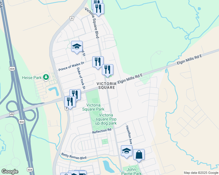map of restaurants, bars, coffee shops, grocery stores, and more near 3009 Elgin Mills Road East in Markham