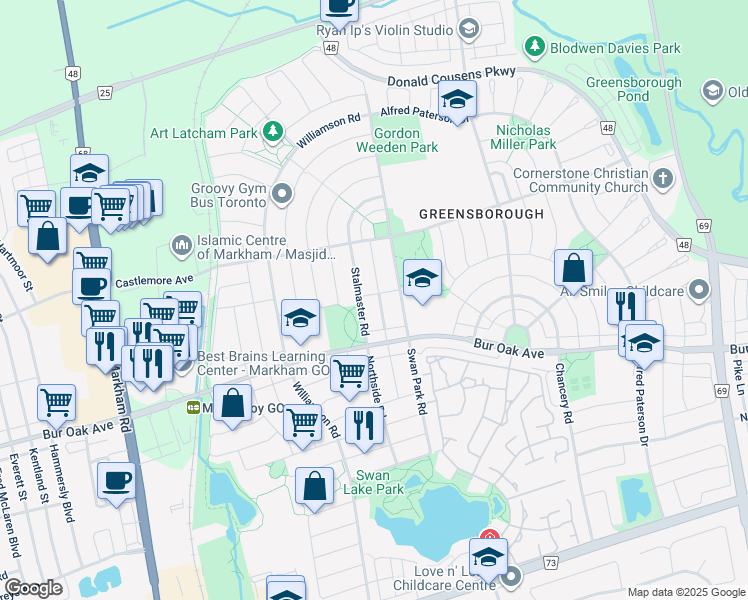 map of restaurants, bars, coffee shops, grocery stores, and more near 9 Neeley Road in Markham