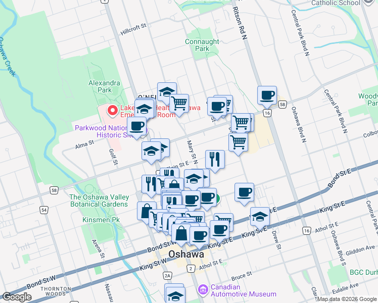 map of restaurants, bars, coffee shops, grocery stores, and more near 214 Mary Street North in Oshawa