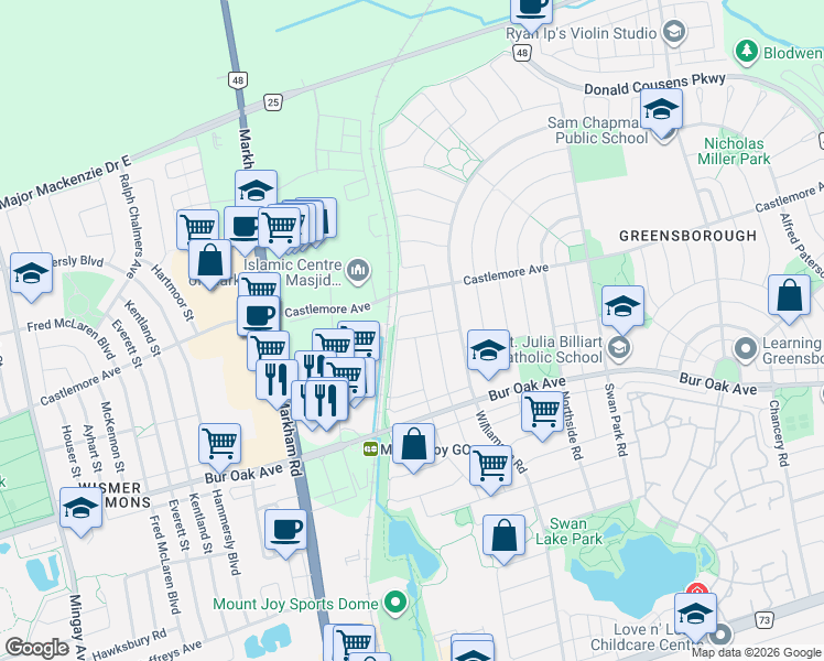 map of restaurants, bars, coffee shops, grocery stores, and more near 24 Saltspring Drive in Markham
