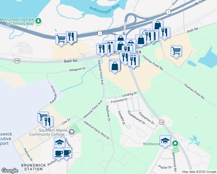 map of restaurants, bars, coffee shops, grocery stores, and more near 60 Forrestal Drive in Brunswick