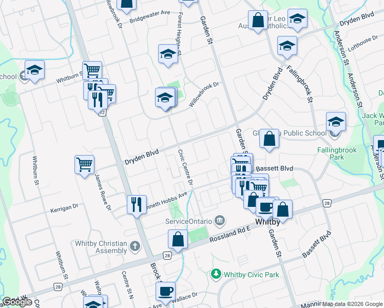 map of restaurants, bars, coffee shops, grocery stores, and more near 14 Candlebrook Drive in Whitby