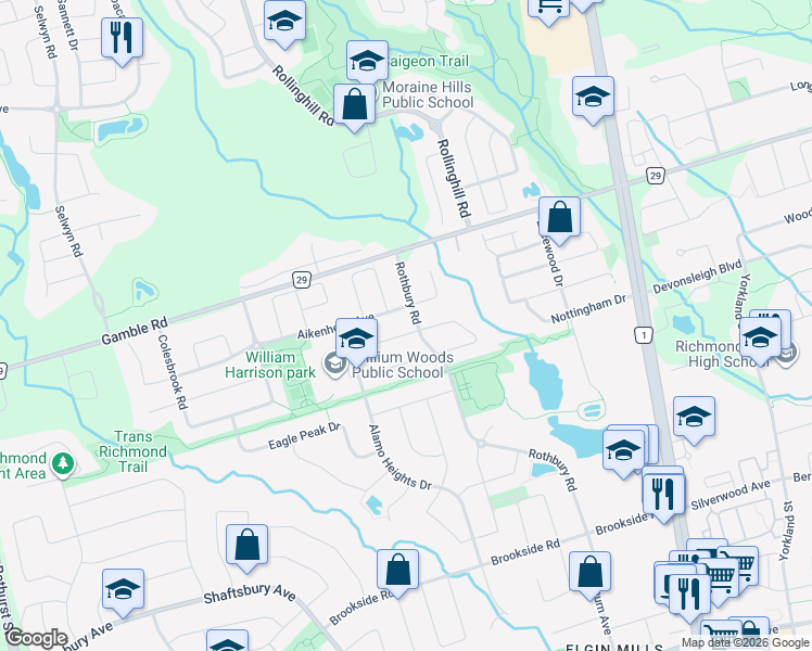 map of restaurants, bars, coffee shops, grocery stores, and more near 8 Idyllwood Avenue in Richmond Hill