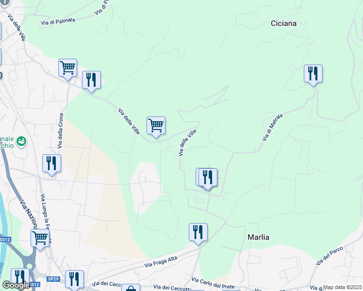 map of restaurants, bars, coffee shops, grocery stores, and more near 66 Via di Villa Oliva in Lucca