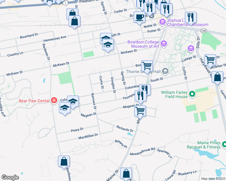 map of restaurants, bars, coffee shops, grocery stores, and more near 27 Columbia Avenue in Brunswick