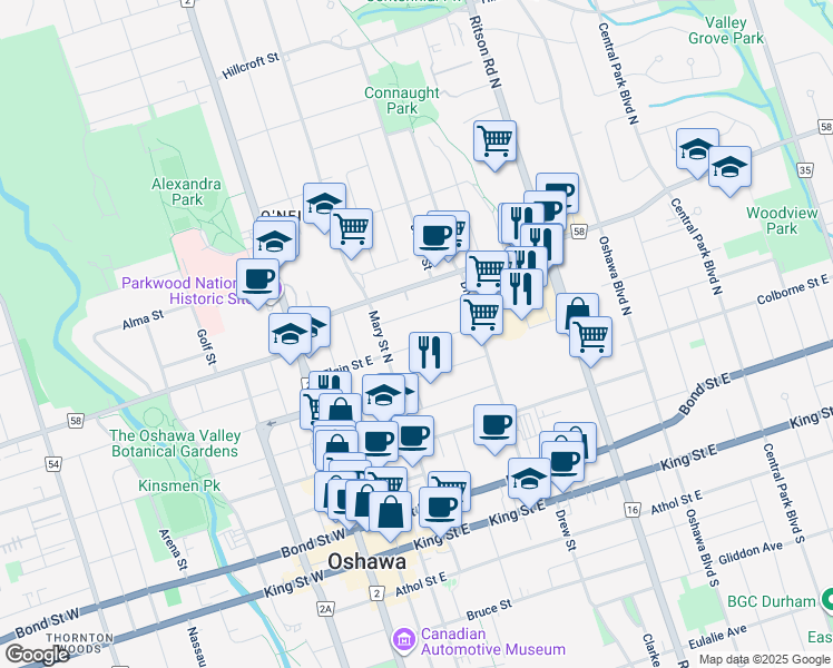 map of restaurants, bars, coffee shops, grocery stores, and more near in Oshawa