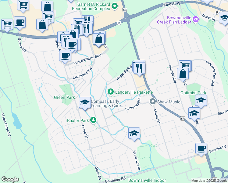 map of restaurants, bars, coffee shops, grocery stores, and more near 87 Aspen Springs Drive in Bowmanville