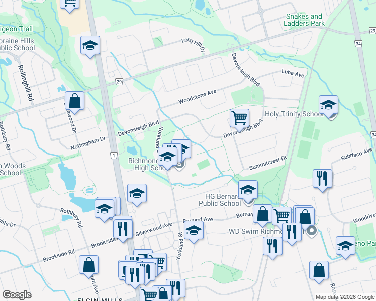map of restaurants, bars, coffee shops, grocery stores, and more near 27 Brookwood Drive in Richmond Hill