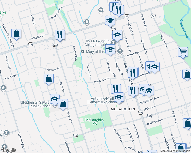 map of restaurants, bars, coffee shops, grocery stores, and more near 418 Waverly Street North in Oshawa