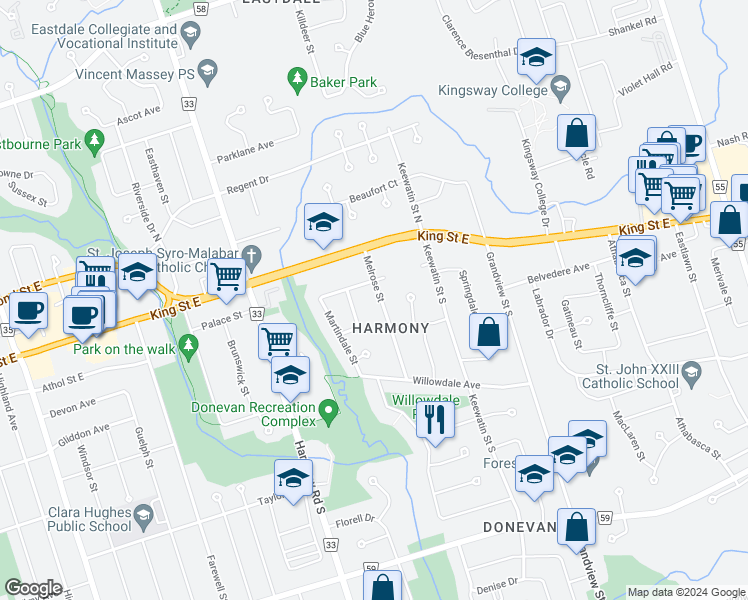 map of restaurants, bars, coffee shops, grocery stores, and more near 56 Melrose Street in Oshawa