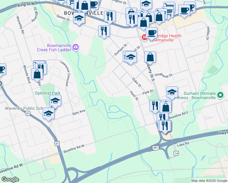 map of restaurants, bars, coffee shops, grocery stores, and more near 92 Nelson Street in Clarington