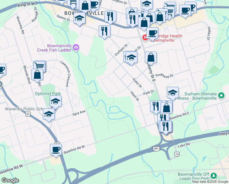 map of restaurants, bars, coffee shops, grocery stores, and more near 92 Nelson Street in Clarington