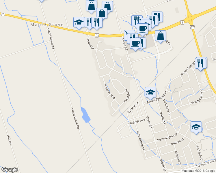 map of restaurants, bars, coffee shops, grocery stores, and more near 63 Hammond Street in Bowmanville