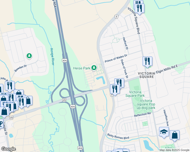 map of restaurants, bars, coffee shops, grocery stores, and more near Breyworth Road in Markham