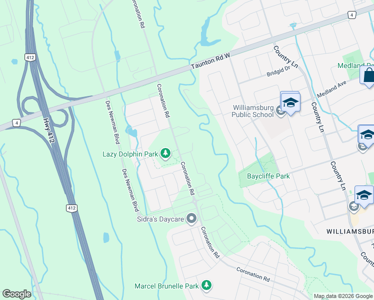 map of restaurants, bars, coffee shops, grocery stores, and more near 10 Fire King Drive in Whitby