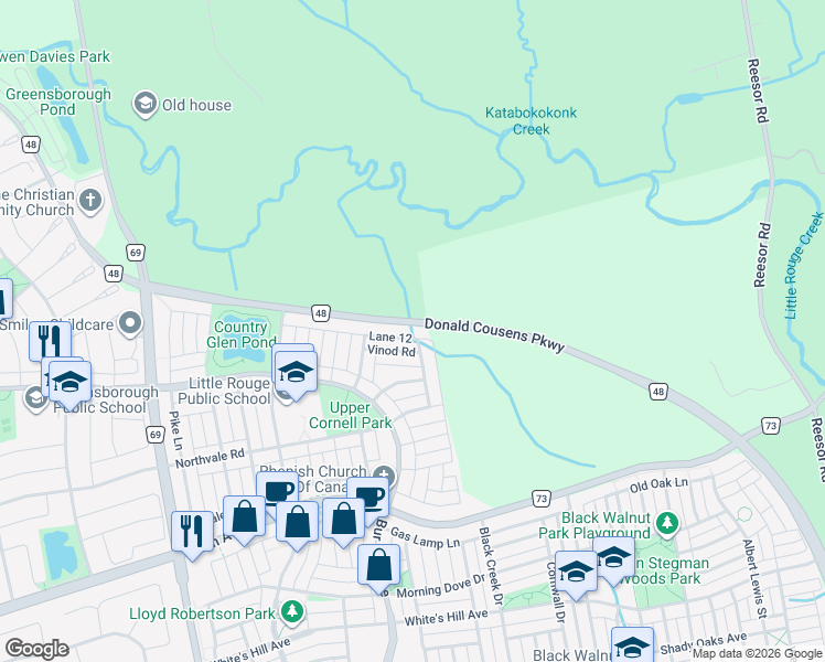 map of restaurants, bars, coffee shops, grocery stores, and more near 2740 Donald Cousens Parkway in Markham