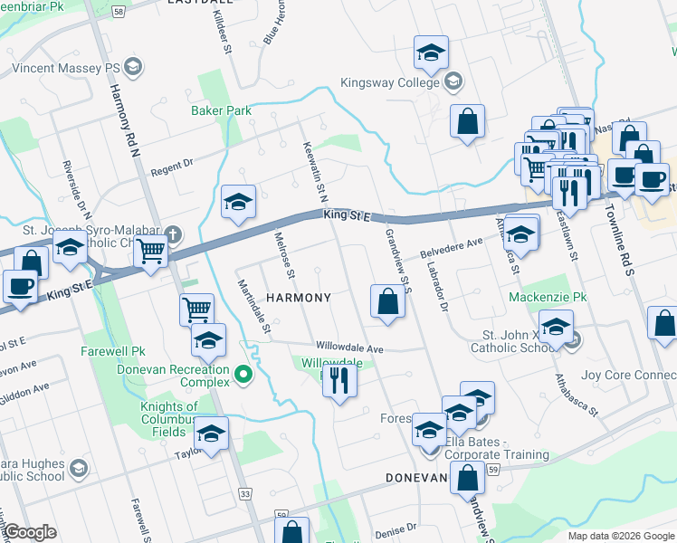 map of restaurants, bars, coffee shops, grocery stores, and more near 76 Keewatin Street South in Oshawa