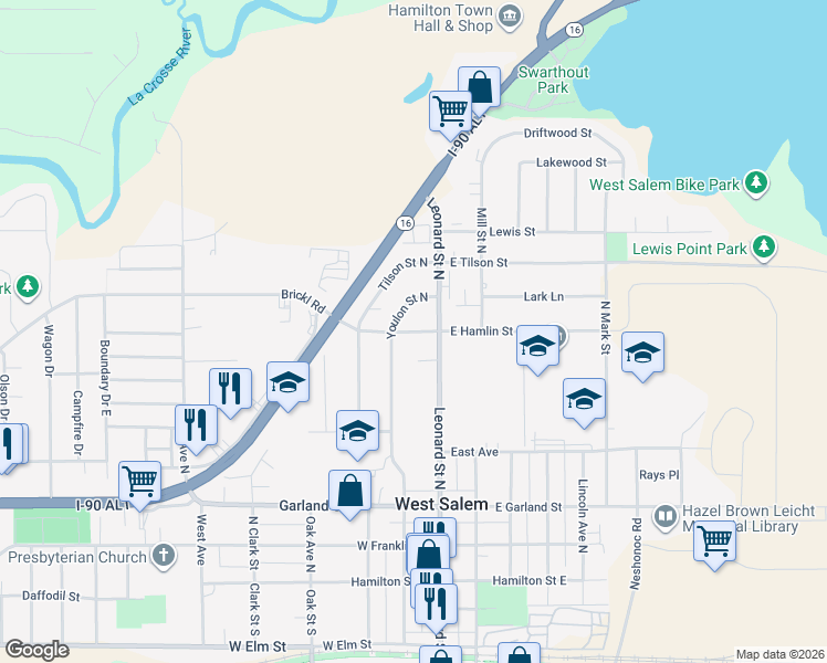 map of restaurants, bars, coffee shops, grocery stores, and more near 545 Youlon Street North in West Salem