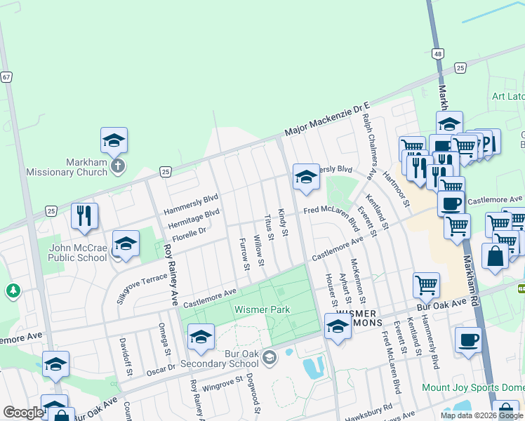 map of restaurants, bars, coffee shops, grocery stores, and more near 38 Titus Street in Markham
