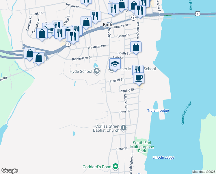 map of restaurants, bars, coffee shops, grocery stores, and more near 6 Palmer Street in Bath