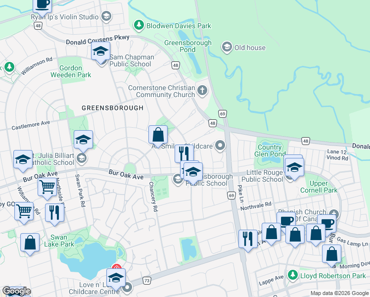 map of restaurants, bars, coffee shops, grocery stores, and more near 124 Alfred Paterson Drive in Markham