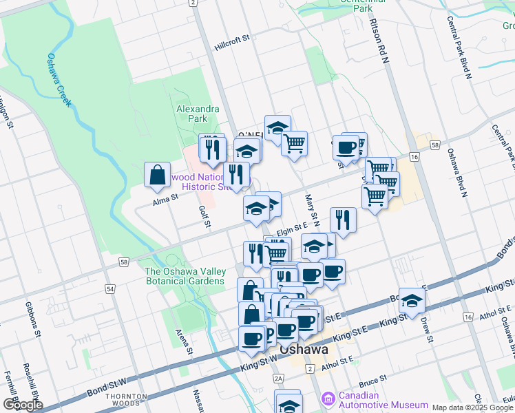 map of restaurants, bars, coffee shops, grocery stores, and more near Simcoe St N & Adelaide Ave E in Oshawa