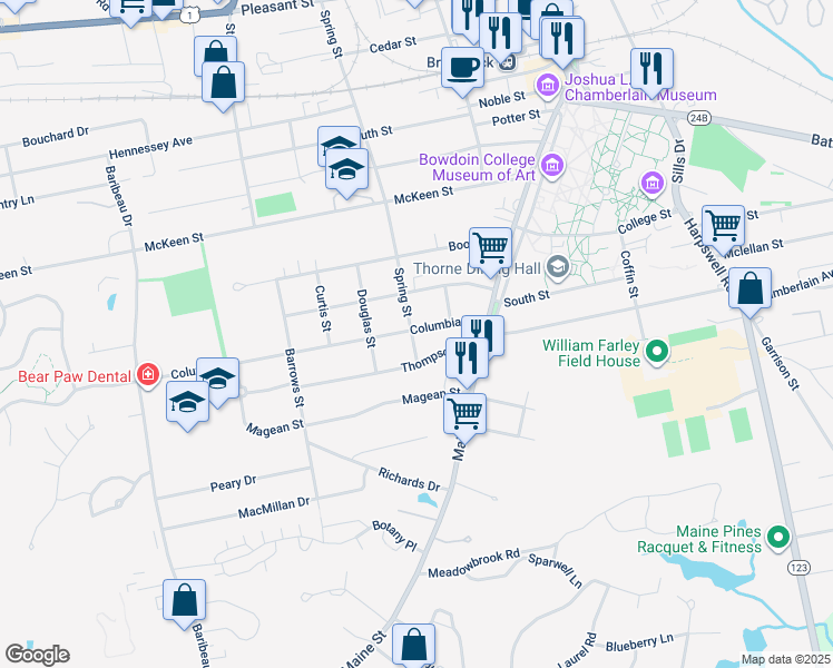 map of restaurants, bars, coffee shops, grocery stores, and more near 95 Spring Street in Brunswick