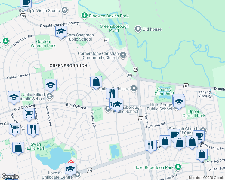map of restaurants, bars, coffee shops, grocery stores, and more near 124 Alfred Paterson Drive in Markham