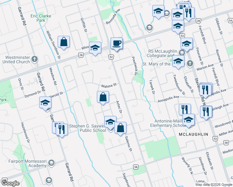 map of restaurants, bars, coffee shops, grocery stores, and more near 487 Aztec Drive in Oshawa