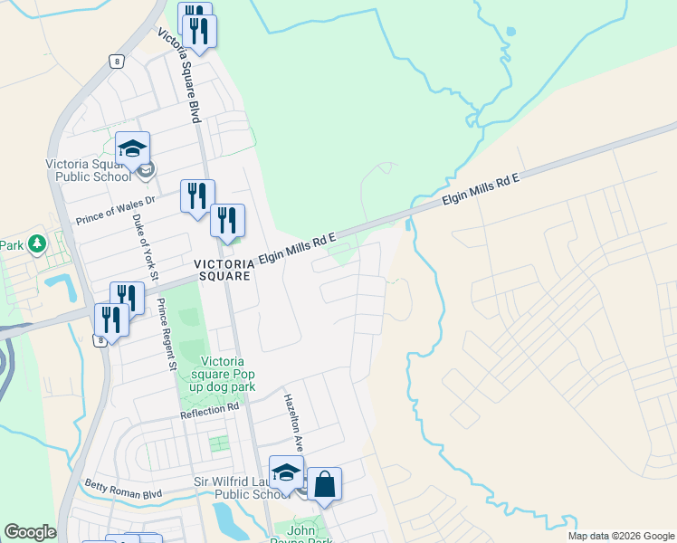 map of restaurants, bars, coffee shops, grocery stores, and more near 17 Thomas Frisby Jr Crescent in Markham
