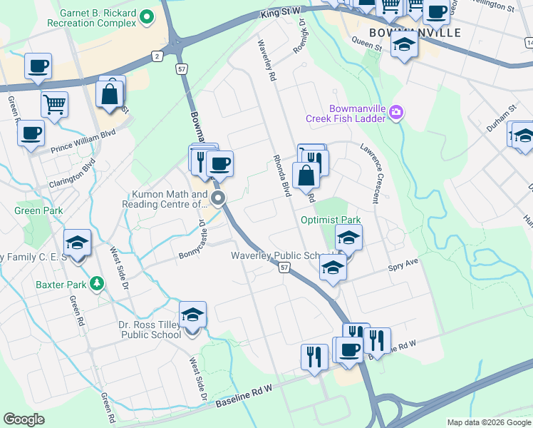 map of restaurants, bars, coffee shops, grocery stores, and more near 81 Doreen Crescent in Clarington