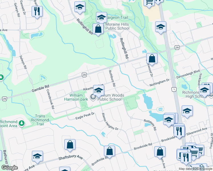 map of restaurants, bars, coffee shops, grocery stores, and more near 21 Aikenhead Avenue in Richmond Hill