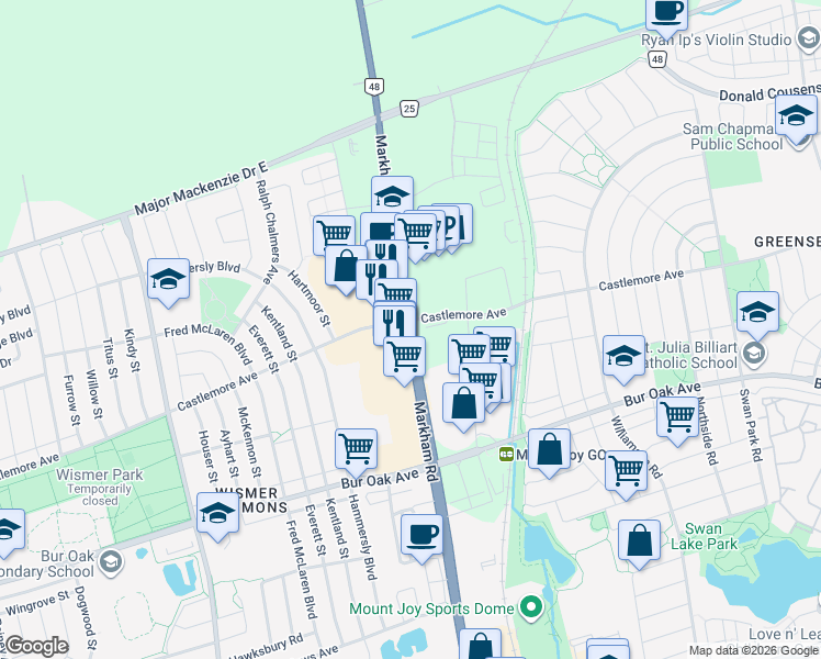 map of restaurants, bars, coffee shops, grocery stores, and more near 9793 Markham Road in Markham