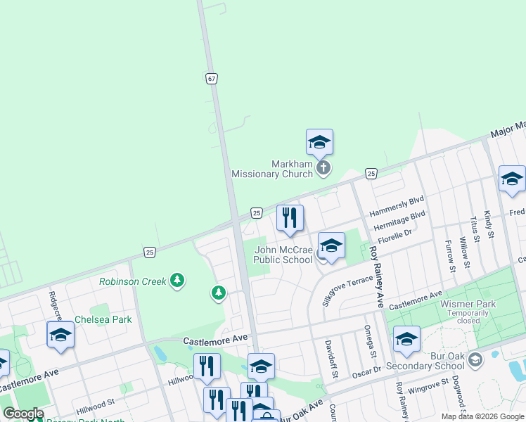 map of restaurants, bars, coffee shops, grocery stores, and more near Major Mackenzie Drive East in Markham