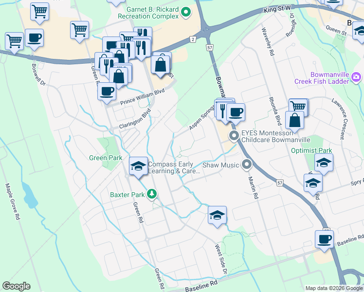 map of restaurants, bars, coffee shops, grocery stores, and more near in Bowmanville