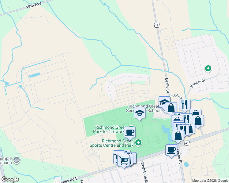 map of restaurants, bars, coffee shops, grocery stores, and more near 114 Ness Drive in Richmond Hill