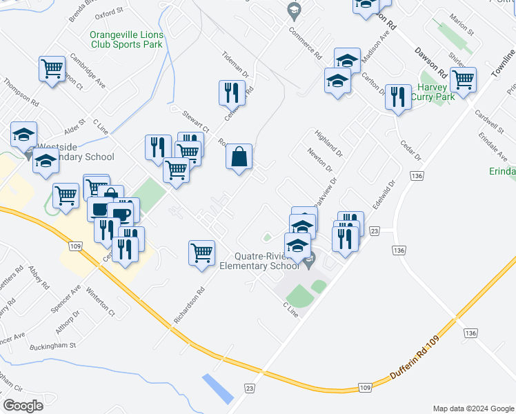 map of restaurants, bars, coffee shops, grocery stores, and more near 97 Burbank Crescent in Orangeville