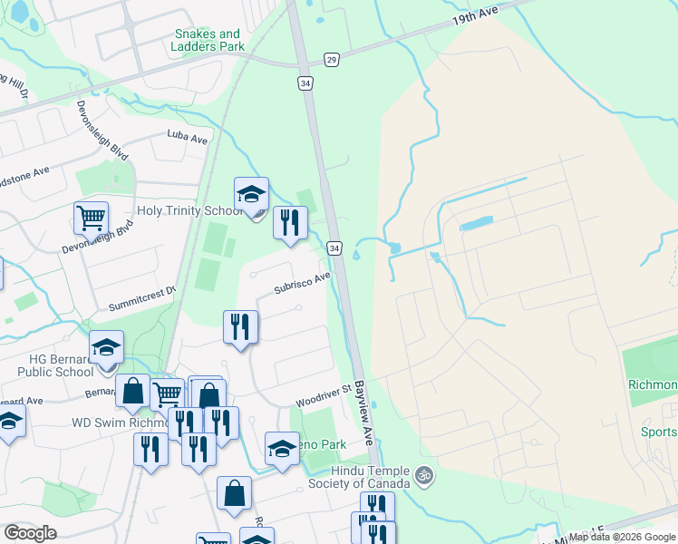 map of restaurants, bars, coffee shops, grocery stores, and more near 11211 Bayview Avenue in Richmond Hill