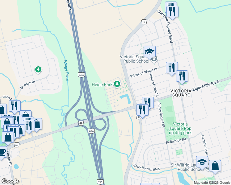 map of restaurants, bars, coffee shops, grocery stores, and more near 20 Fred Wolstenholme Drive in Markham