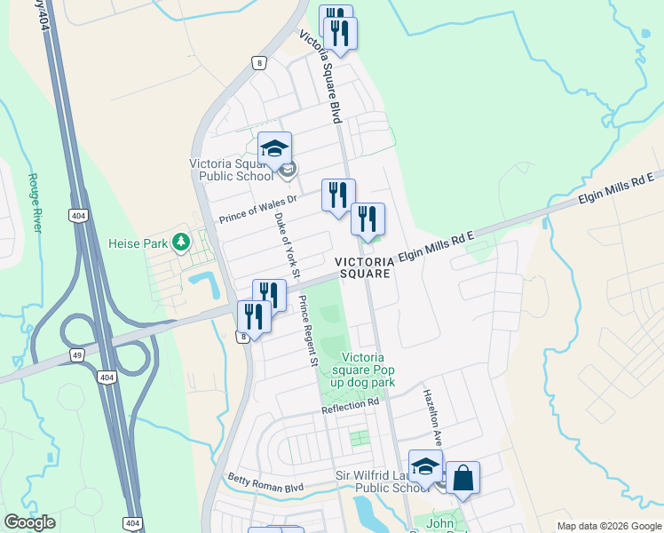 map of restaurants, bars, coffee shops, grocery stores, and more near 2950 Elgin Mills Road East in Markham