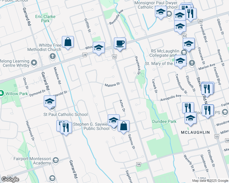 map of restaurants, bars, coffee shops, grocery stores, and more near 501 Aztec Drive in Oshawa